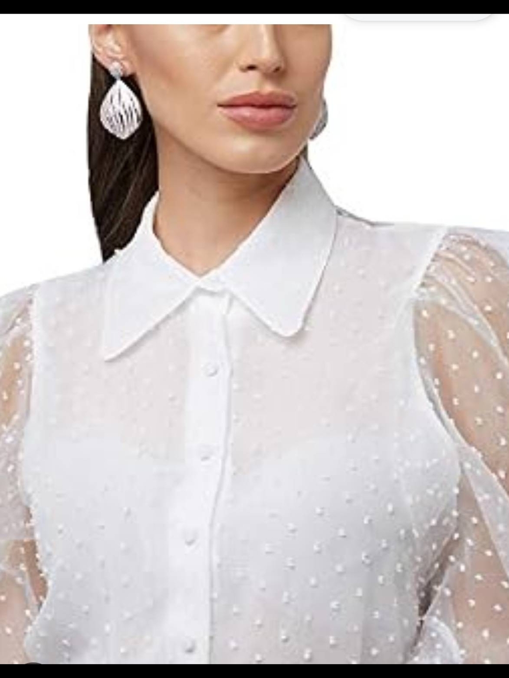 Zara NWT Organza Puff Sleeve Sheer Polka Dot  Button-Up White Blouse Size S